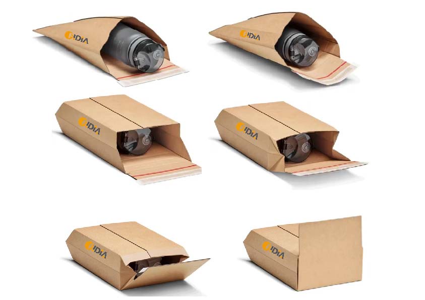 Pochette d'expédition en carton extensible présentée à plat, partiellement dépliée et entièrement ouverte autour d'un produit