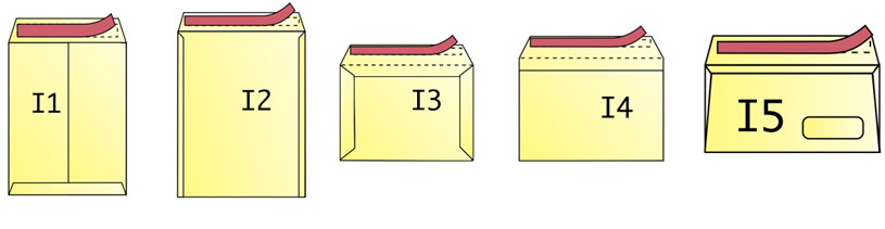 Cinq formats d'enveloppes, chacun avec une bande de ruban double face et son papier de protection sur le rabat de fermeture